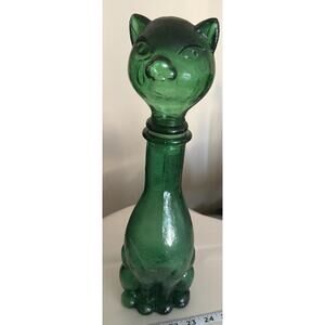 Vintage 14-1/2 in MCM Green Glass Kitty Cat Empoli Italian Bottle Decanter 1960s